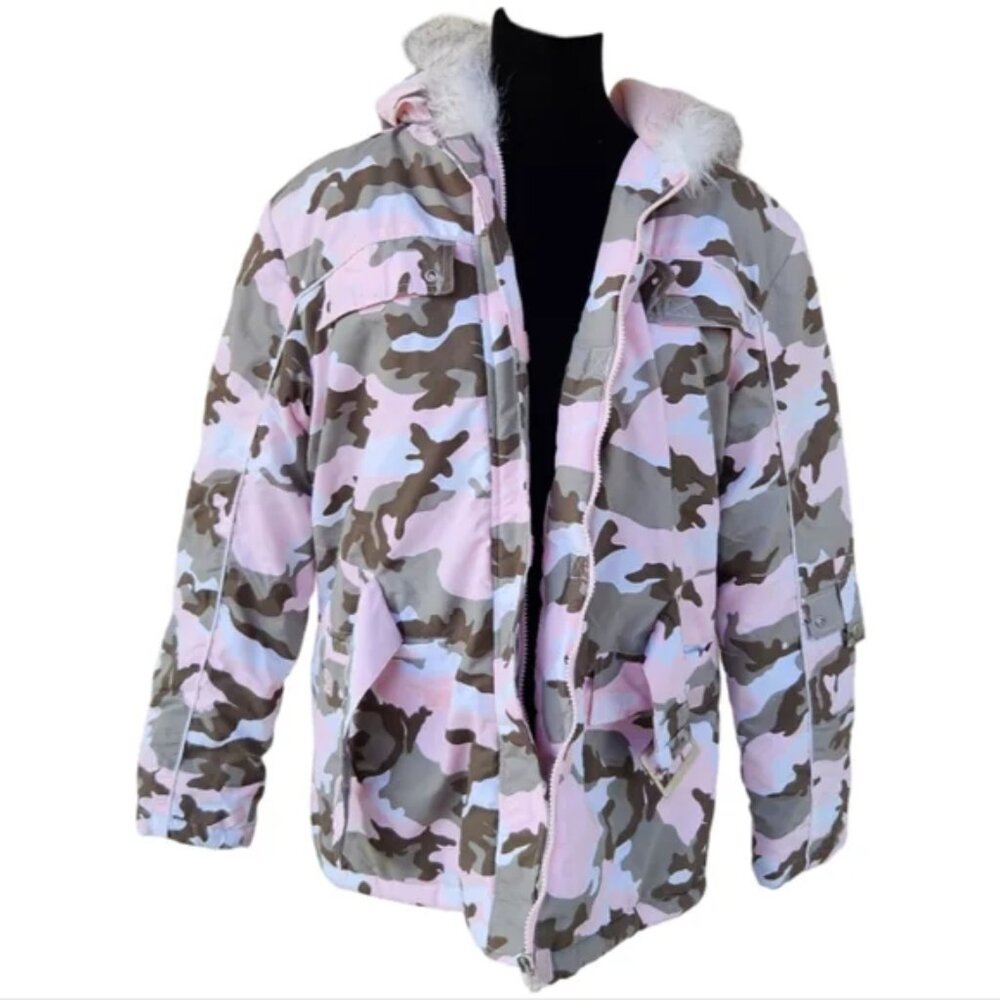 Vintage Cherokee Pink Camo Hooded Coat XL 14/16 Faux Fur Trim - Picture 4 of 5